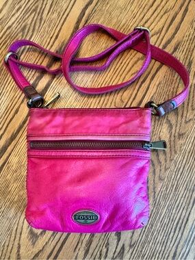Fossil Pink Pebbled Leather Small Crossbody Bag VTG Y2K Brass Oval Logo Purse